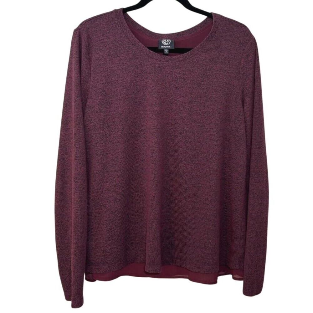 Bobeau Women's Split Back w/Bow chiffon underlayer Top Burgundy/black